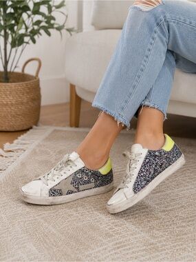 Golden Goose White Sneakers with Multicolor Glitter Panels and Yellow Heel